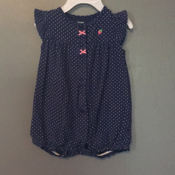 Navy snap-up romper with strawberry on back - Picture 1 of 3